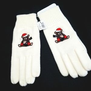 Christmas Teddy Bear knitted Cream Gloves.  One size